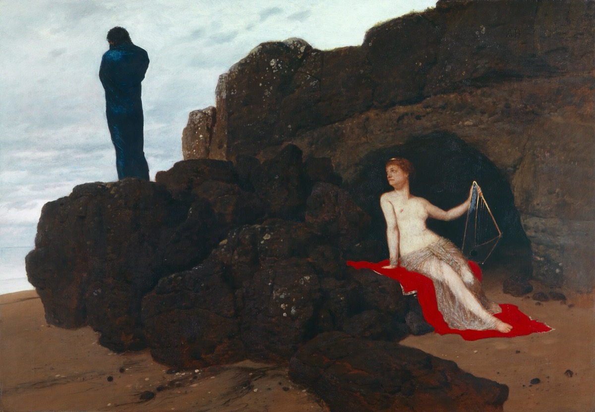 Böcklin's painting of Odysseus standing on dark rocks staring out to sea while Calypso watches from her cave