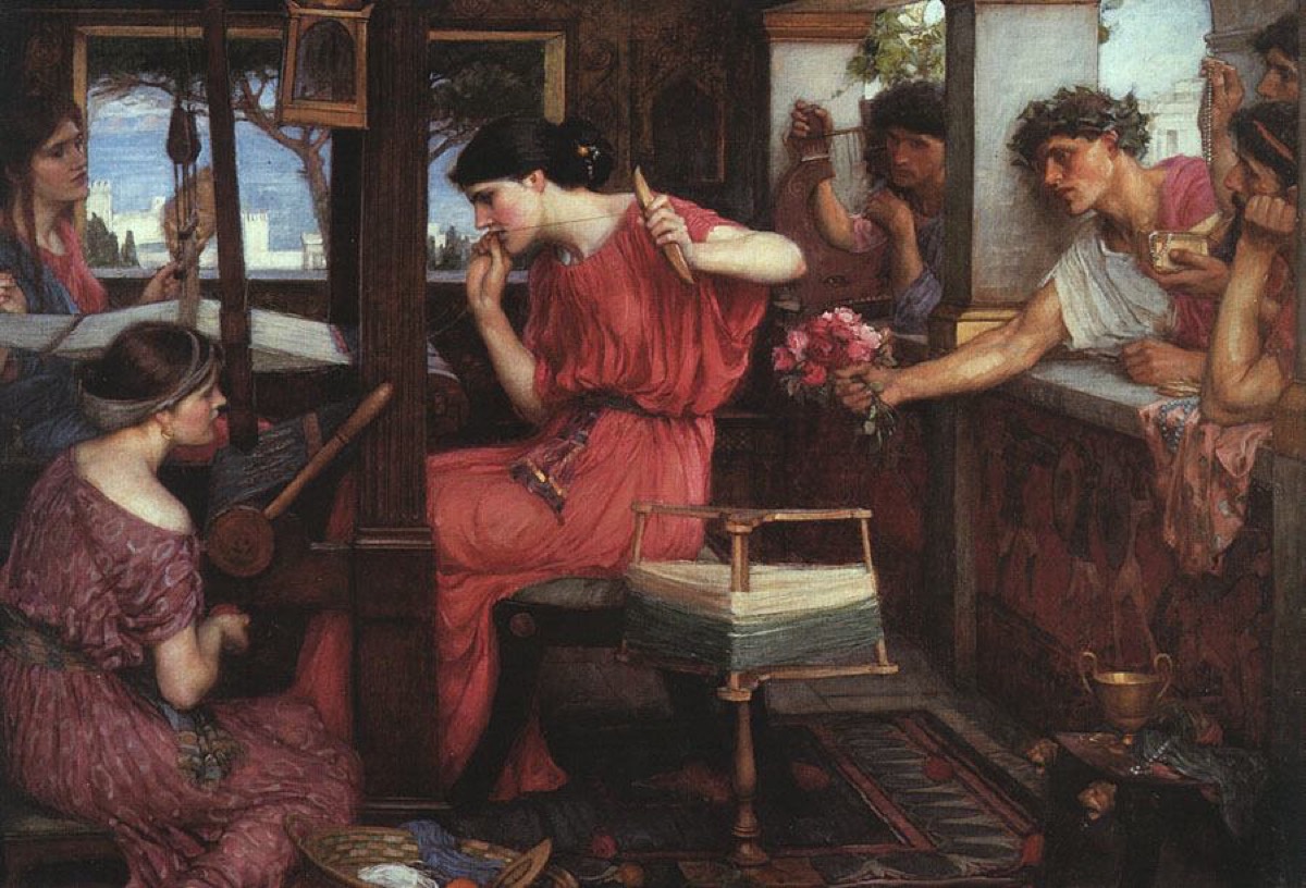 Waterhouse's painting of Penelope weaving at her loom while suitors crowd the window with flowers