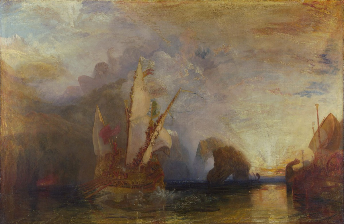 Turner's painting of Odysseus's ship sailing away while the blinded giant Polyphemus looms in the clouds