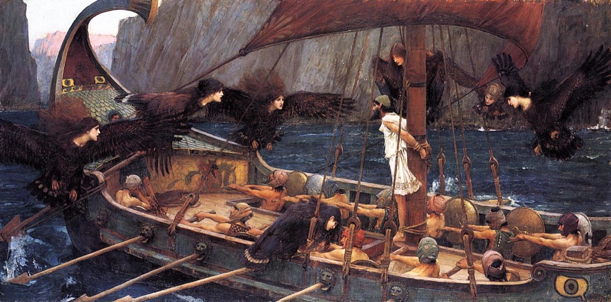 Waterhouse's painting of the Sirens as winged bird-women circling Odysseus tied to his ship's mast